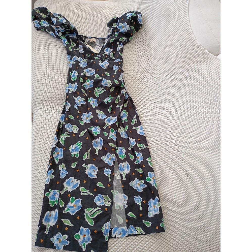 NWT Mello Day Cottagecore Black Floral Smocked Back Maxi Dress Puff Slve Slit S - Picture 4 of 14